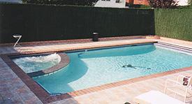 12x28 Rectangle Pool and Spa Combination with Blue Pearl Granite Countertop and Undertrack Electric Cover that Closes Over the Spa
